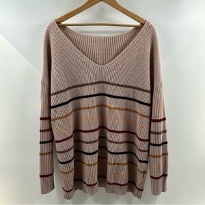Beige V‑Neck Sweater w/ Black, Brown & Tan Stripes – Size XL